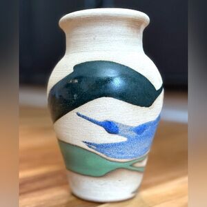 Hand Made Artisan Pottery 7 in Vase, Cream, Blue Green and Teal